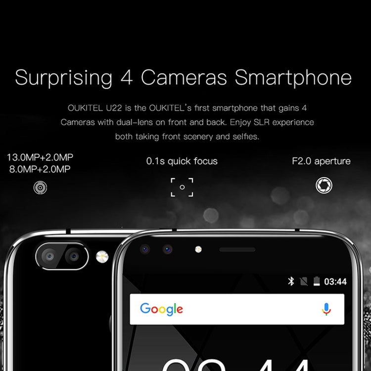 [HK Warehouse] OUKITEL U22, 2GB+16GB, Dual Rear Cameras + Dual Front Cameras,  Fingerprint Identification, 5.5 inch  Android 7.0 MTK6850A Quad Core up to 1.3GHz, Network: 3G, Dual SIM