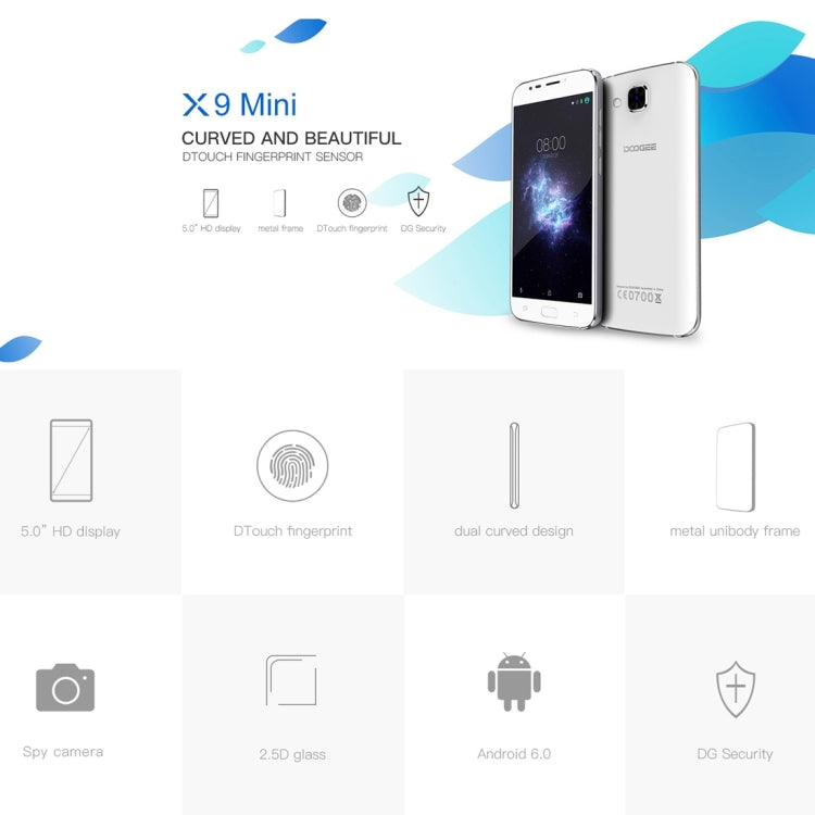 [HK Warehouse] DOOGEE X9 mini, 1GB+8GB, DTouch Fingerprint, 5.0 inch 2.5D Android 6.0 MTK6580 64-Bit Quad Core 1.3GHz to 1.5GHz, Network: 3G, WiFi, GPS, FM, Dual SIM