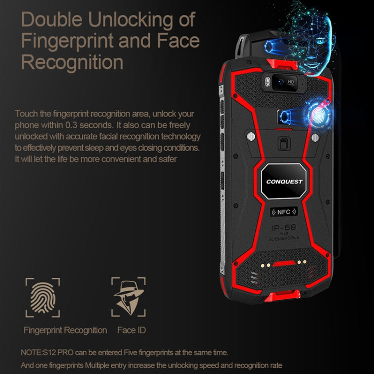 Conquest S12 Pro Rugged Phone, 4GB+64GB, Walkie Talkie Function, 8000mAh Battery, IP68 Waterproof Dustproof Shockproof, Face ID & Fingerprint Identification, 5.99 inch Android 9.0 Helio P70 Octa Core up to 2.5GHz, Network: 4G, NFC, OTG, PTT, POC