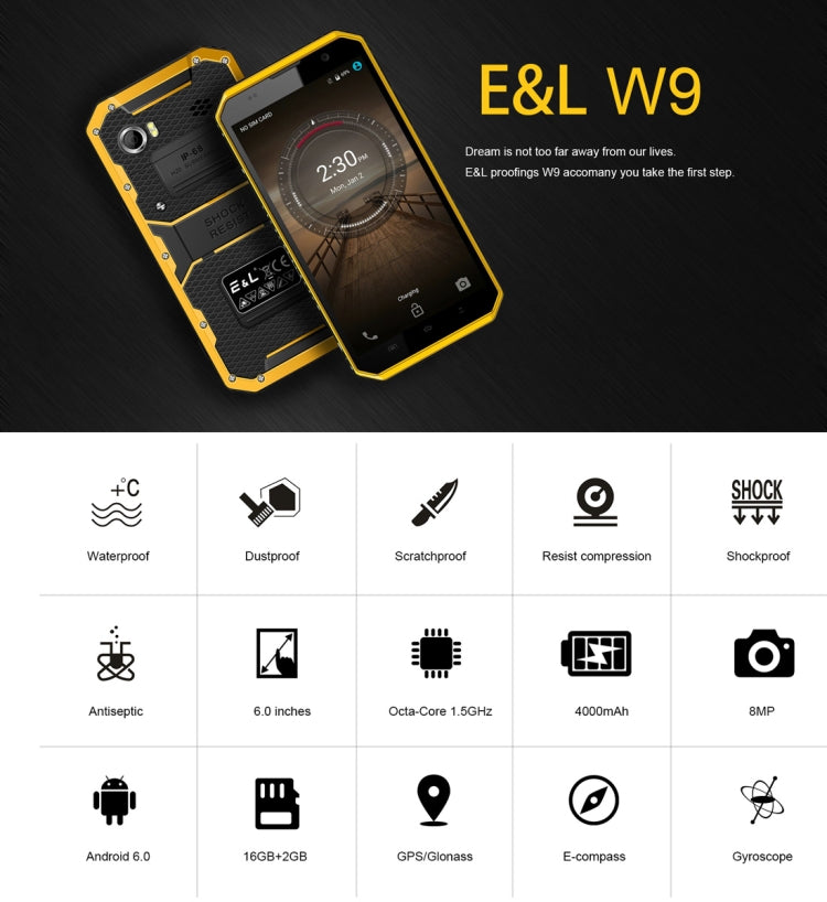 [HK Warehouse] E&L Proofing W9, 2GB+16GB, IP68 Waterproof, Shockproof, Dustproof, 6.0 inch Android 7.0 MTK6753 Octa Core