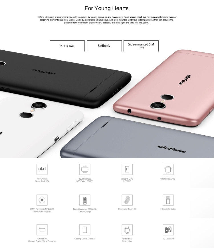 Ulefone Vienna, 3GB+32GB, Fingerprint Identification, 5.5 inch Android 5.1 MTK6753 Octa Core 1.3GHZ, OTG, GPS, FM, Network: 4G
