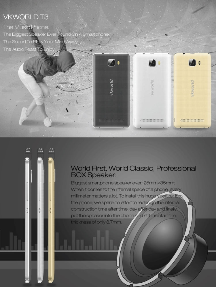VKworld T3 16GB, Network: 4G, Professional High Volume Loudspeaker(Size: 25mmx35mm), Music Phone, Anti-Fingerprint Texture Back Cover,