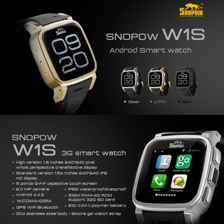 SNOPOW W1S Smart Watch Phone, IP68 Waterproof, Android 4.4, WiFi / 2.0MP Camera / Bluetooth / GPS, Network: 3G(Black)