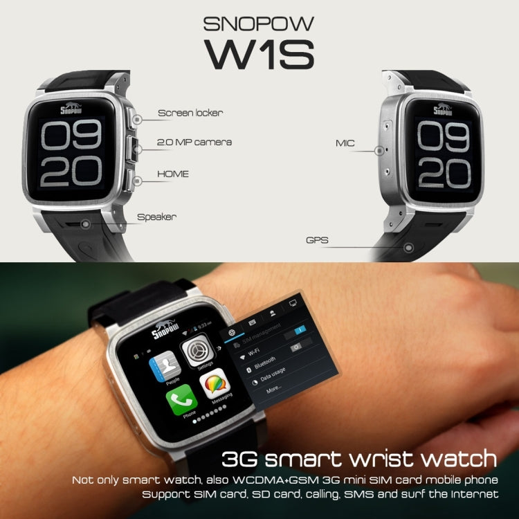 SNOPOW W1S Smart Watch Phone, IP68 Waterproof, Android 4.4, WiFi / 2.0MP Camera / Bluetooth / GPS, Network: 3G(Black)