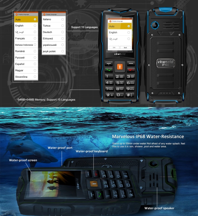 VKworld New Stone V3, Triple SIM, IP68 Waterproof Shockproof Dustproof,  3000mAh Large Capacity, 2.4 inch, SC6531CA Chipset, 21 Keys, LED Flashlight, FM, TF,  Russian Keyboard