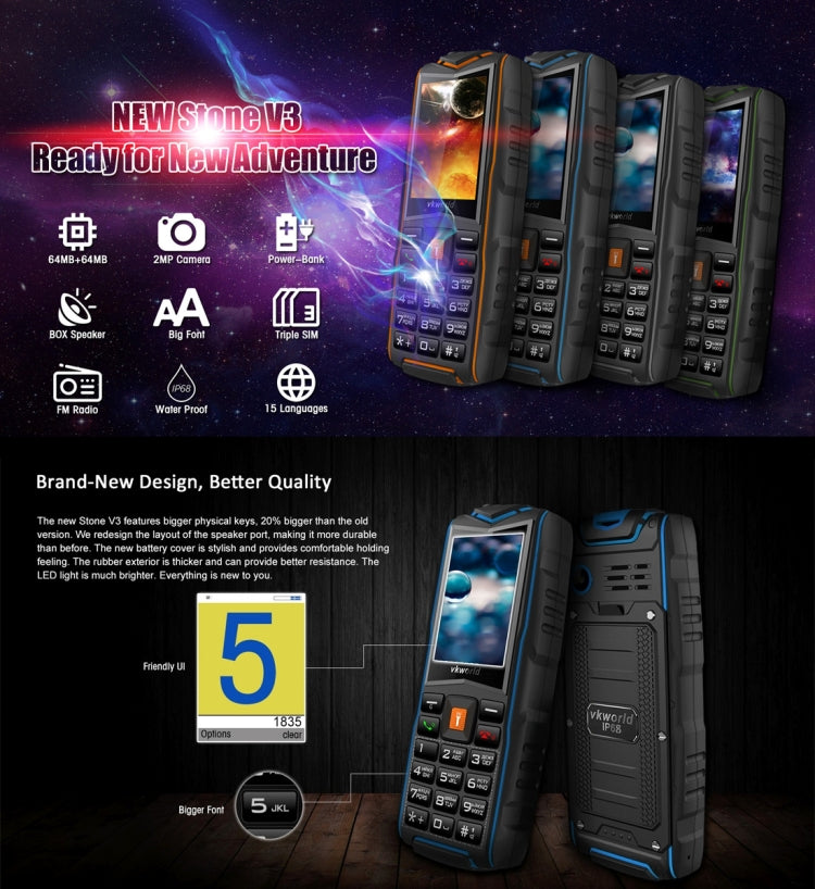 VKworld New Stone V3, Triple SIM, IP68 Waterproof Shockproof Dustproof,  3000mAh Large Capacity, 2.4 inch, SC6531CA Chipset, 21 Keys, LED Flashlight, FM, TF,  Russian Keyboard