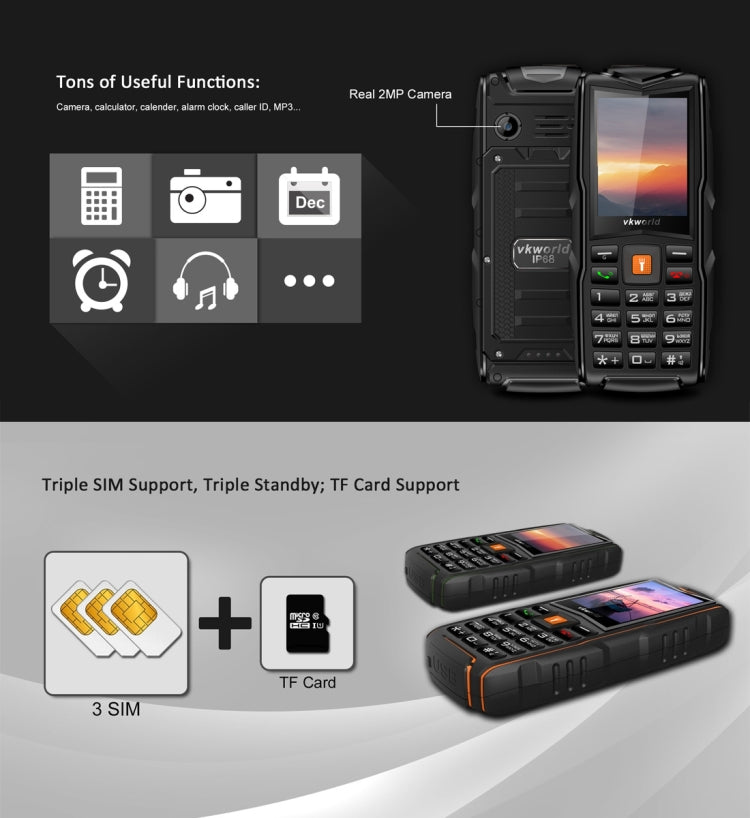 VKworld New Stone V3, Triple SIM, IP68 Waterproof Shockproof Dustproof,  3000mAh Large Capacity, 2.4 inch, SC6531CA Chipset, 21 Keys, LED Flashlight, FM, TF,  Russian Keyboard