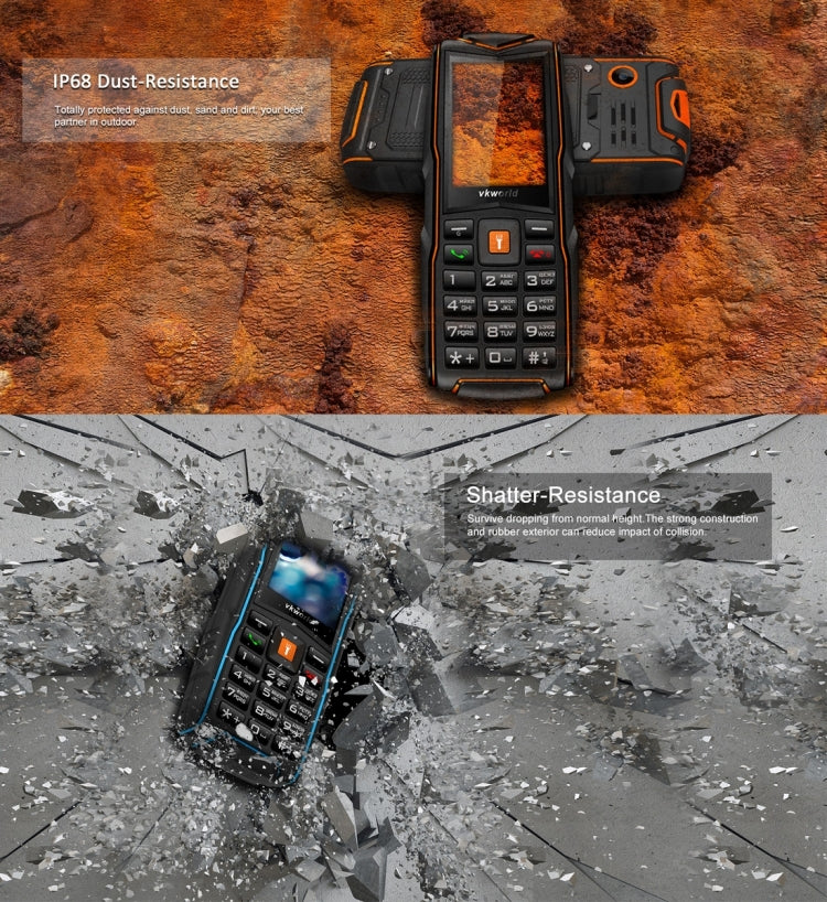 VKworld New Stone V3, Triple SIM, IP68 Waterproof Shockproof Dustproof,  3000mAh Large Capacity, 2.4 inch, SC6531CA Chipset, 21 Keys, LED Flashlight, FM, TF,  Russian Keyboard