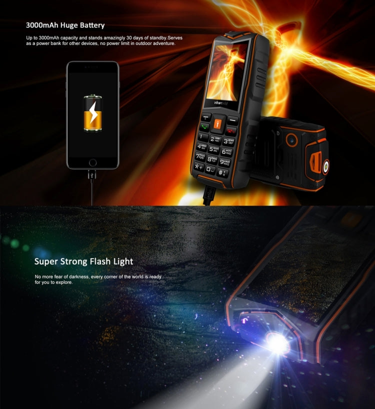 VKworld New Stone V3, Triple SIM, IP68 Waterproof Shockproof Dustproof,  3000mAh Large Capacity, 2.4 inch, SC6531CA Chipset, 21 Keys, LED Flashlight, FM, TF,  Russian Keyboard