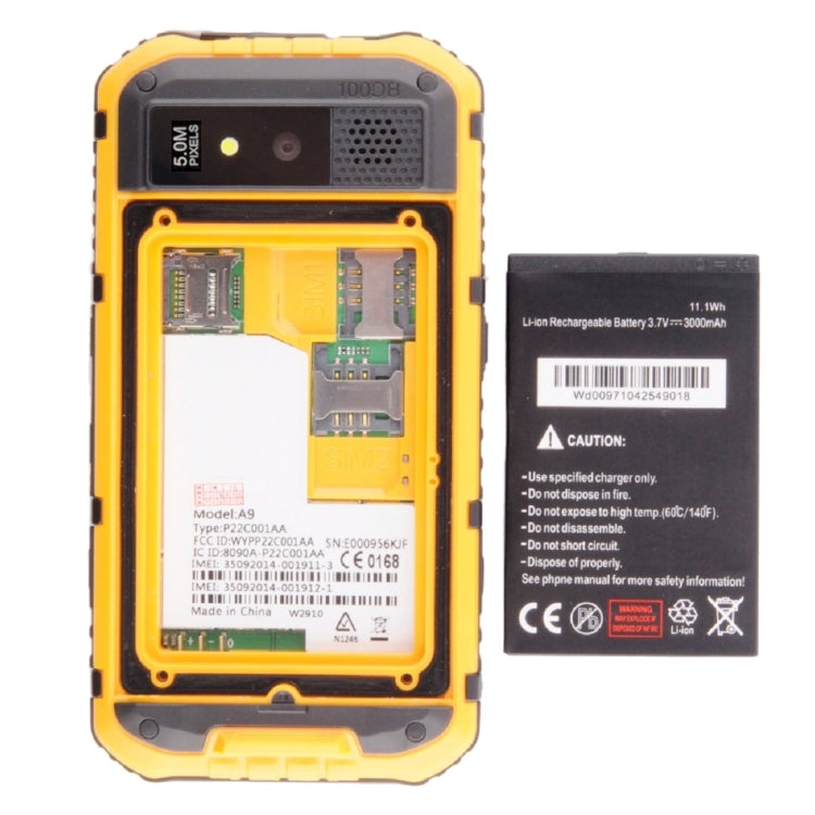A9 Triple Proofing Phone, 1GB+8GB, IP68 Waterproof Dustproof Shockproof, 4.3 inch Android 4.2 MTK6582 Quad Core 1.2GHz, Network: 3G(Yellow)