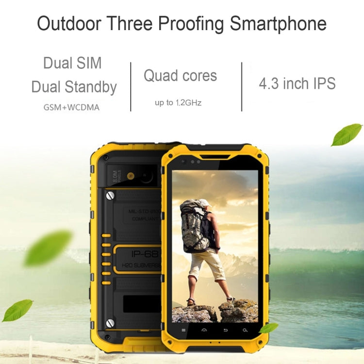 A9 Triple Proofing Phone, 1GB+8GB, IP68 Waterproof Dustproof Shockproof, 4.3 inch Android 4.2 MTK6582 Quad Core 1.2GHz, Network: 3G(Yellow)