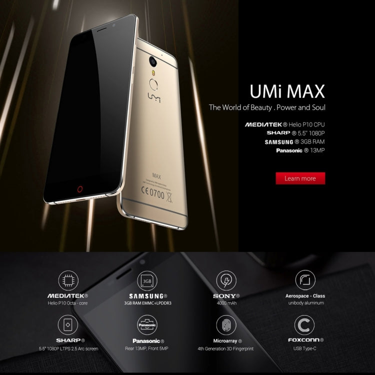 [HK Warehouse] UMI Max, 3GB+16GB, Fingerprint Scanner, 5.5 inch 2.5D Arc Android 6.0 MediaTek Helio P10 Octa Core, Network: 4G