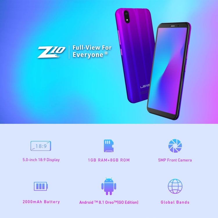 [HK Warehouse] LEAGOO Z10, 1GB+8GB, 5.0 inch Android 8.0 GO MTK6580M Quad Core up to 1.3GHz, Network: 3G, Dual SIM(Black)