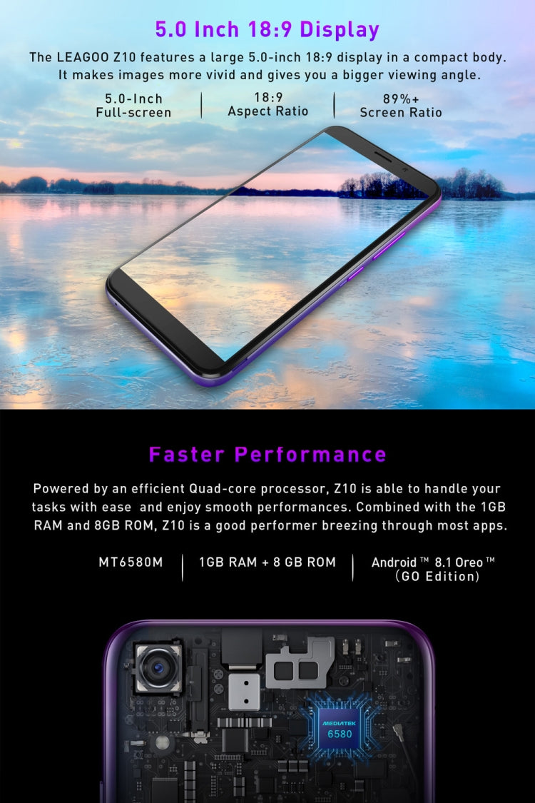[HK Warehouse] LEAGOO Z10, 1GB+8GB, 5.0 inch Android 8.0 GO MTK6580M Quad Core up to 1.3GHz, Network: 3G, Dual SIM(Black)