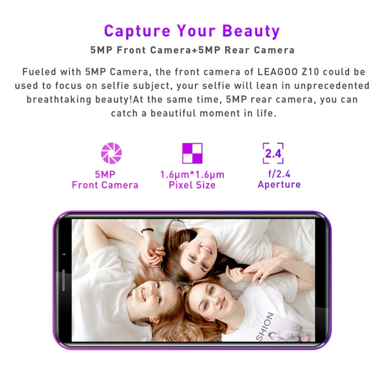[HK Warehouse] LEAGOO Z10, 1GB+8GB, 5.0 inch Android 8.0 GO MTK6580M Quad Core up to 1.3GHz, Network: 3G, Dual SIM(Black)