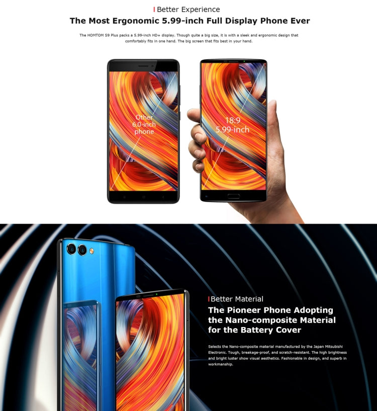 [HK Warehouse] HOMTOM S9 Plus, 4GB+64GB, Dual Back Cameras, Fingerprint Identification, 4050mAh Battery, 5.99 inch Android 7.0 MTK6750T Octa Core up to 1.5GHz, Network: 4G, Dual SIM, OTG, OTA(Black)