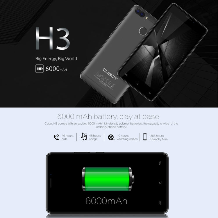 [HK Warehouse] CUBOT H3, 3GB+32GB, Dual Back Cameras, Fingerprint Identification, 5.0 inch Android 7.0 MTK6737 Quad-Core up to 1.3GHz,  Network: 4G, Dual SIM, OTG