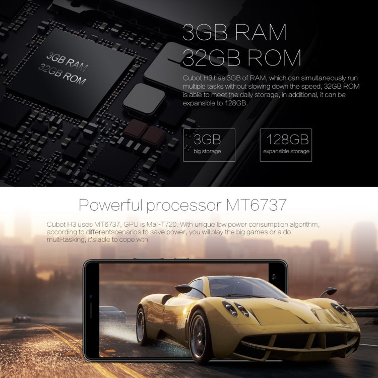 [HK Warehouse] CUBOT H3, 3GB+32GB, Dual Back Cameras, Fingerprint Identification, 5.0 inch Android 7.0 MTK6737 Quad-Core up to 1.3GHz,  Network: 4G, Dual SIM, OTG