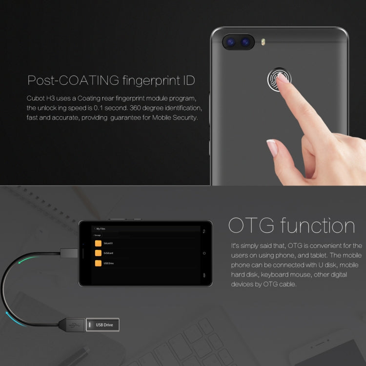 [HK Warehouse] CUBOT H3, 3GB+32GB, Dual Back Cameras, Fingerprint Identification, 5.0 inch Android 7.0 MTK6737 Quad-Core up to 1.3GHz,  Network: 4G, Dual SIM, OTG