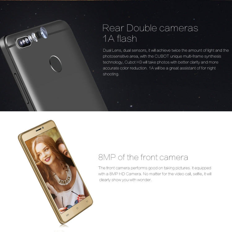 [HK Warehouse] CUBOT H3, 3GB+32GB, Dual Back Cameras, Fingerprint Identification, 5.0 inch Android 7.0 MTK6737 Quad-Core up to 1.3GHz,  Network: 4G, Dual SIM, OTG