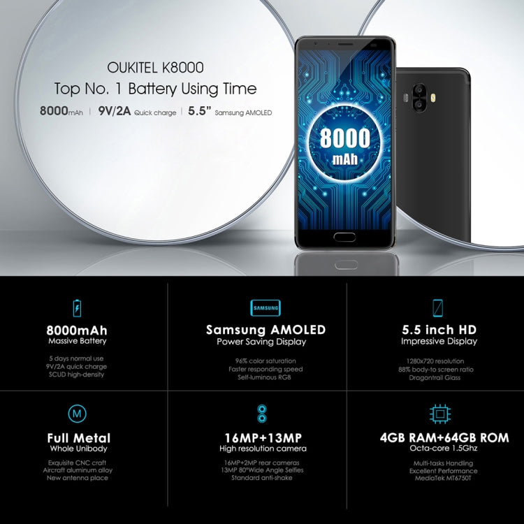 [HK Warehouse] OUKITEL K8000, 4GB+64GB, Dual Back Cameras, 8000mAh Battery, Fingerprint Identification, 5.5 inch Android 7.0 MTK6750T Octa Core up to 1.5GHz, Network: 4G, Dual SIM, OTG(Blue)