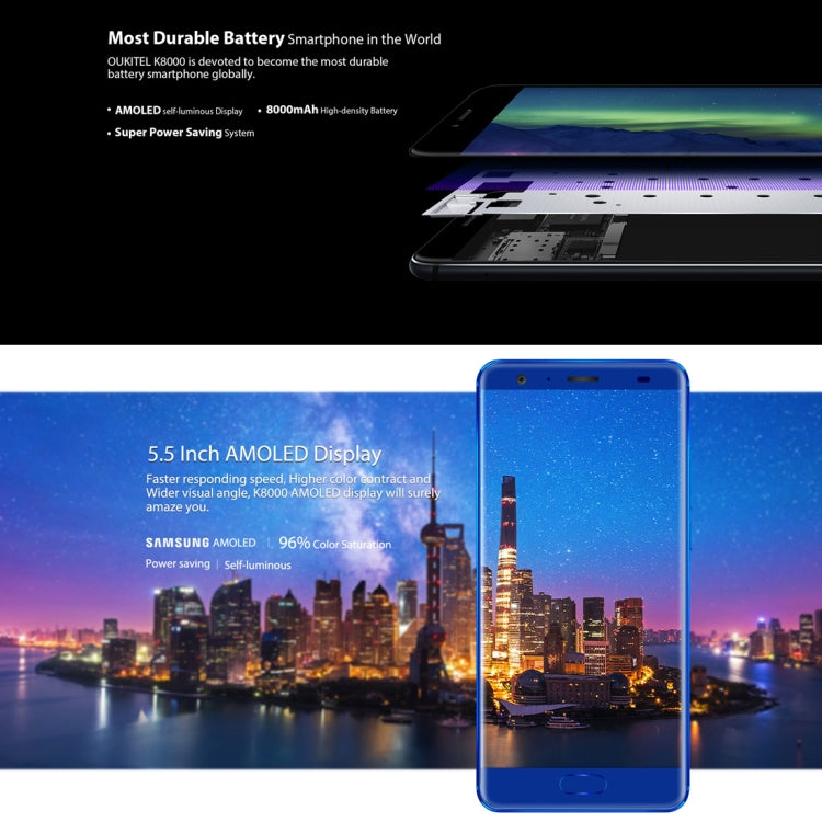 [HK Warehouse] OUKITEL K8000, 4GB+64GB, Dual Back Cameras, 8000mAh Battery, Fingerprint Identification, 5.5 inch Android 7.0 MTK6750T Octa Core up to 1.5GHz, Network: 4G, Dual SIM, OTG(Blue)