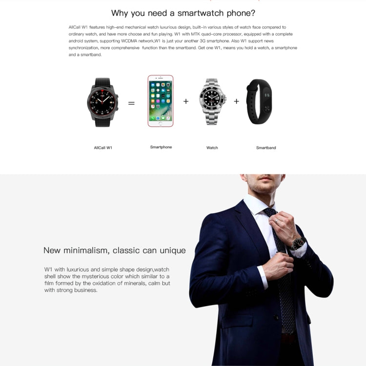 AllCall W1 Smart Watch Phone, 2GB+16GB, Life Waterproof, 1.39 inch Android 5.1, MTK6580 Quad Core 1.0GHz, Network: 3G, Heart Rate / Pedometer / Weather / GPS / Bluetooth