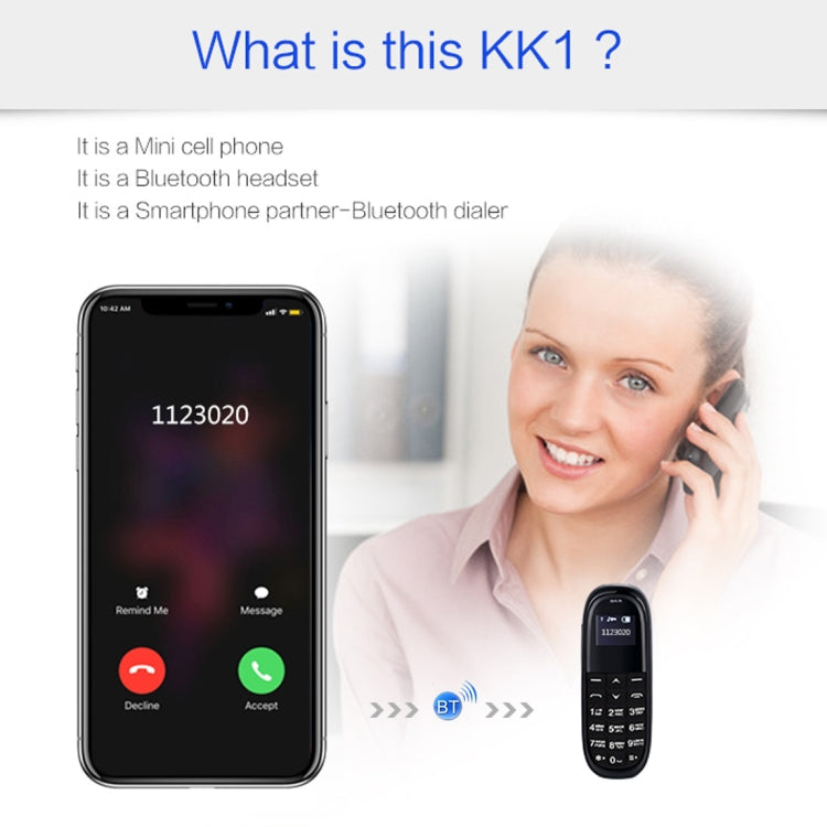 AIEK KK1 Mini Mobile Phone, Russian Keyboard, Hands Free Bluetooth Dialer Headphone, MTK6261DA, Anti-Lost, Single SIM, Network: 2G