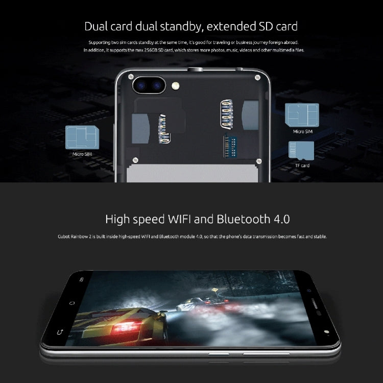 [HK Warehouse] CUBOT Rainbow 2, 1GB+16GB, 2 Back Camera(13.0MP+2MP) with 1000mA LED Flash Light, 5.0 inch 2.5D Curved IPS Screen, Android 7.0 OS, MT6580A Quad-Core 1.3GHz, Support OTG & Hotknot & Handwrite & 256GB TF Card, Network: 3G