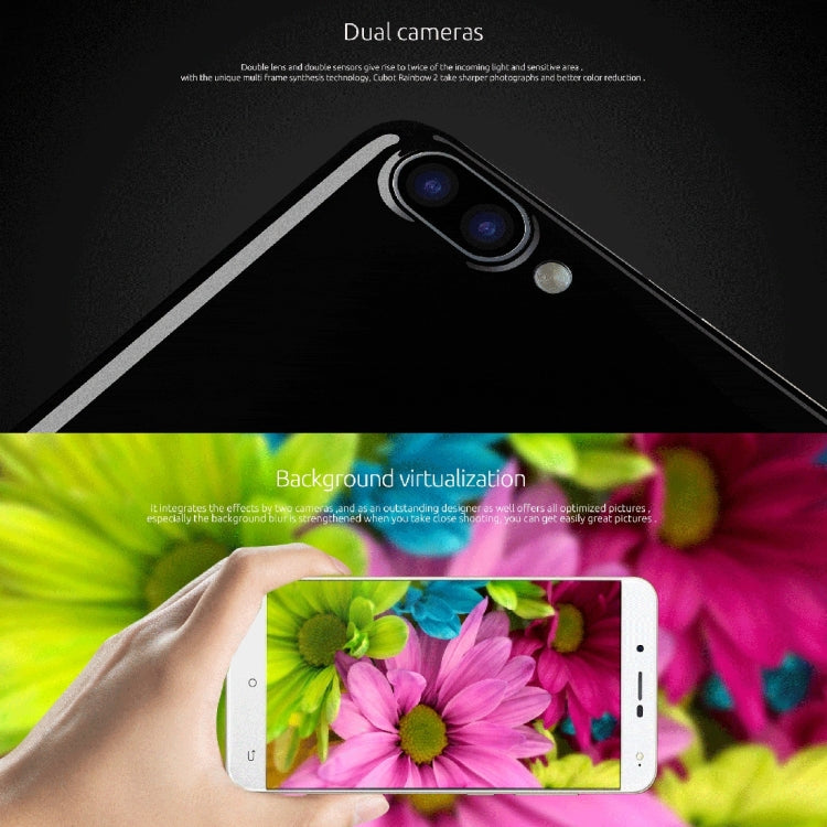 [HK Warehouse] CUBOT Rainbow 2, 1GB+16GB, 2 Back Camera(13.0MP+2MP) with 1000mA LED Flash Light, 5.0 inch 2.5D Curved IPS Screen, Android 7.0 OS, MT6580A Quad-Core 1.3GHz, Support OTG & Hotknot & Handwrite & 256GB TF Card, Network: 3G