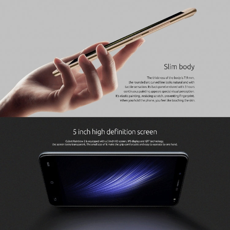 [HK Warehouse] CUBOT Rainbow 2, 1GB+16GB, 2 Back Camera(13.0MP+2MP) with 1000mA LED Flash Light, 5.0 inch 2.5D Curved IPS Screen, Android 7.0 OS, MT6580A Quad-Core 1.3GHz, Support OTG & Hotknot & Handwrite & 256GB TF Card, Network: 3G