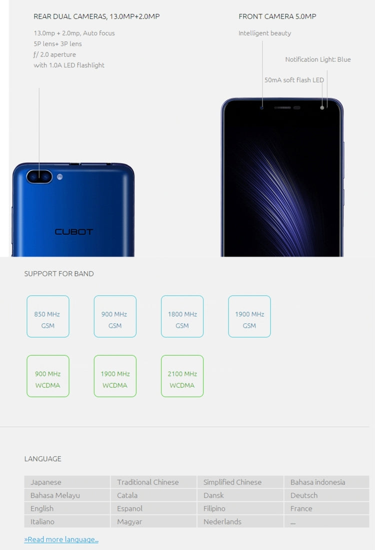 [HK Warehouse] CUBOT Rainbow 2, 1GB+16GB, 2 Back Camera(13.0MP+2MP) with 1000mA LED Flash Light, 5.0 inch 2.5D Curved IPS Screen, Android 7.0 OS, MT6580A Quad-Core 1.3GHz, Support OTG & Hotknot & Handwrite & 256GB TF Card, Network: 3G