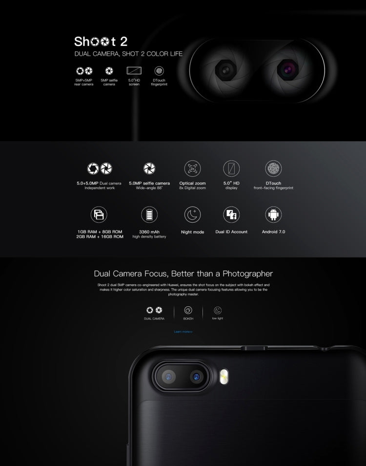 DOOGEE Shoot 2, 2GB+16GB, Dual Rear Cameras, DTouch Fingerprint, 5.0 inch Android 7.0 MTK6580A Quad Core 1.3GHz-1.5GHz, Network: 3G (US Version), Dual SIM(Gold)