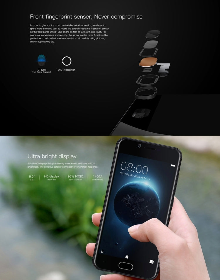 DOOGEE Shoot 2, 2GB+16GB, Dual Rear Cameras, DTouch Fingerprint, 5.0 inch Android 7.0 MTK6580A Quad Core 1.3GHz-1.5GHz, Network: 3G (US Version), Dual SIM(Gold)