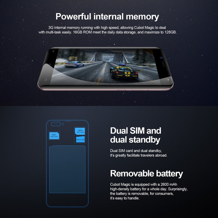 [HK Warehouse] CUBOT MAGIC, 3GB+16GB, Dual Back Cameras, 5.0 inch 8 Curved Body Android 7.0 MTK6737 Quad-Core up to 1.3GHz,  Network: 4G, Dual SIM
