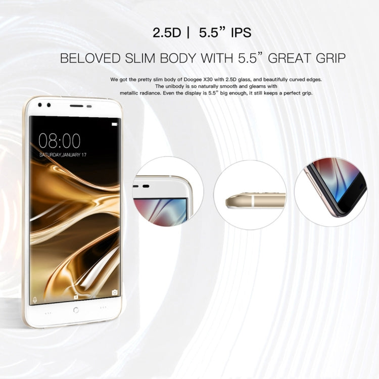DOOGEE X30,  2GB+16GB, Dual Back Cameras + Dual Front Cameras, 5.5 inch 2.5D Android 7.0 MTK6580 Quad Core up to 1.3GHz, Network: 3G,  WiFi,  OTA, GPS, Dual SIM(Gold)