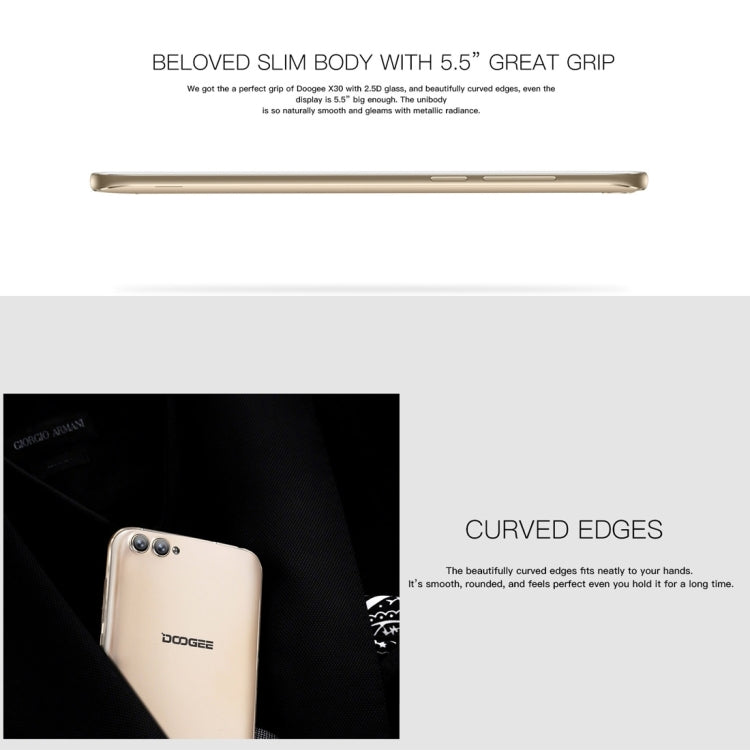 DOOGEE X30,  2GB+16GB, Dual Back Cameras + Dual Front Cameras, 5.5 inch 2.5D Android 7.0 MTK6580 Quad Core up to 1.3GHz, Network: 3G,  WiFi,  OTA, GPS, Dual SIM(Gold)