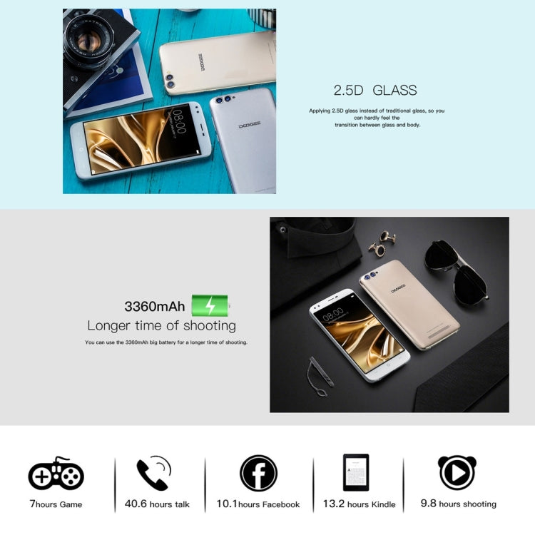 DOOGEE X30,  2GB+16GB, Dual Back Cameras + Dual Front Cameras, 5.5 inch 2.5D Android 7.0 MTK6580 Quad Core up to 1.3GHz, Network: 3G,  WiFi,  OTA, GPS, Dual SIM(Gold)