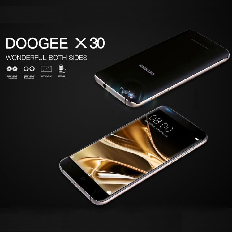 DOOGEE X30,  2GB+16GB, Dual Back Cameras + Dual Front Cameras, 5.5 inch 2.5D Android 7.0 MTK6580 Quad Core up to 1.3GHz, Network: 3G,  WiFi,  OTA, GPS, Dual SIM(Gold)