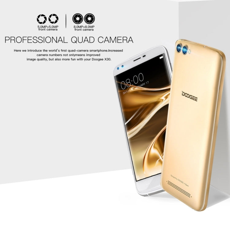 DOOGEE X30,  2GB+16GB, Dual Back Cameras + Dual Front Cameras, 5.5 inch 2.5D Android 7.0 MTK6580 Quad Core up to 1.3GHz, Network: 3G,  WiFi,  OTA, GPS, Dual SIM(Gold)