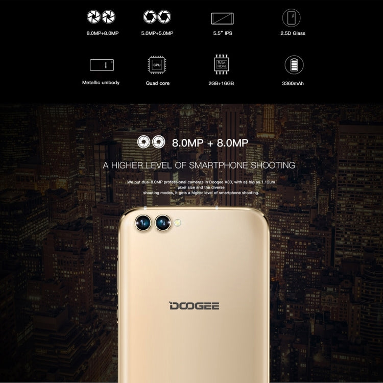 DOOGEE X30,  2GB+16GB, Dual Back Cameras + Dual Front Cameras, 5.5 inch 2.5D Android 7.0 MTK6580 Quad Core up to 1.3GHz, Network: 3G,  WiFi,  OTA, GPS, Dual SIM(Gold)