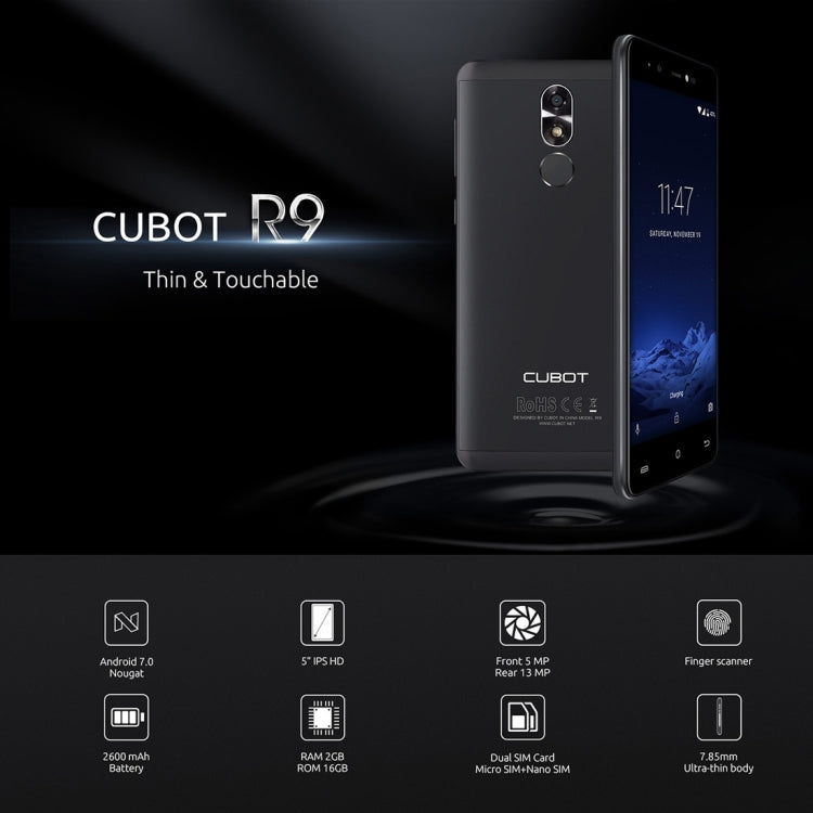 [HK Warehouse] CUBOT R9, 2GB+16GB, Fingerprint Identification, 5.0 inch  Android 7.0 MTK6580 Quad-Core up to 1.3GHz,  Network: 3G, Dual SIM(Black)