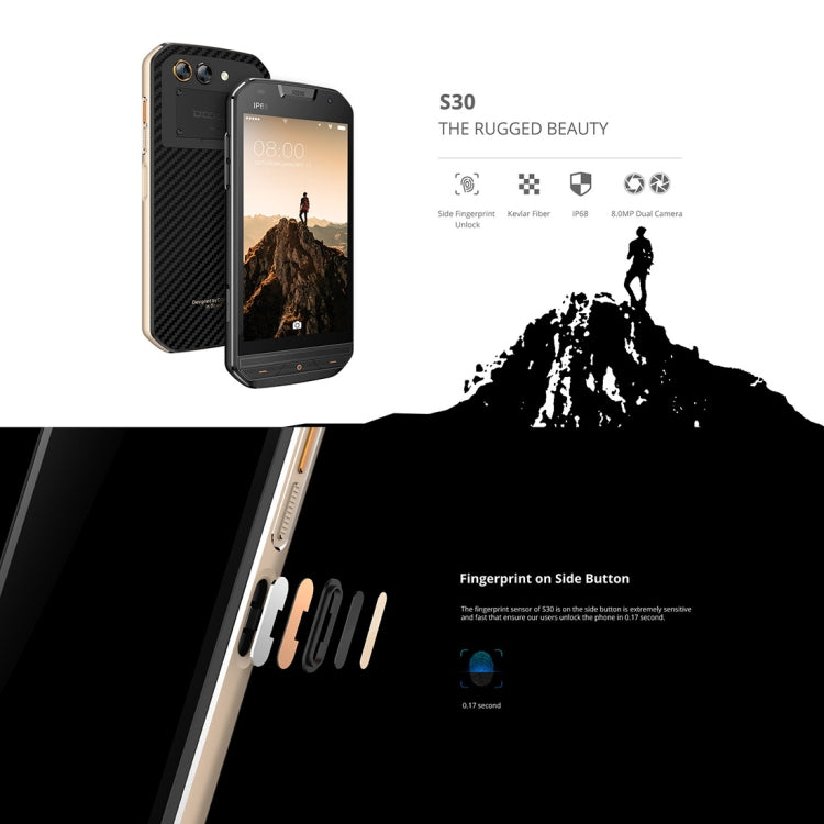 [HK Warehouse] DOOGEE S30 Triple Proofing Phone, 2GB+16GB, IP68 Waterproof Dustproof Shockproof, Fingerprint Identification, 5.0 inch Android 7.0 MTK6737V Quad Core up to 1.3GHz, Network: 4G, Dual SIM