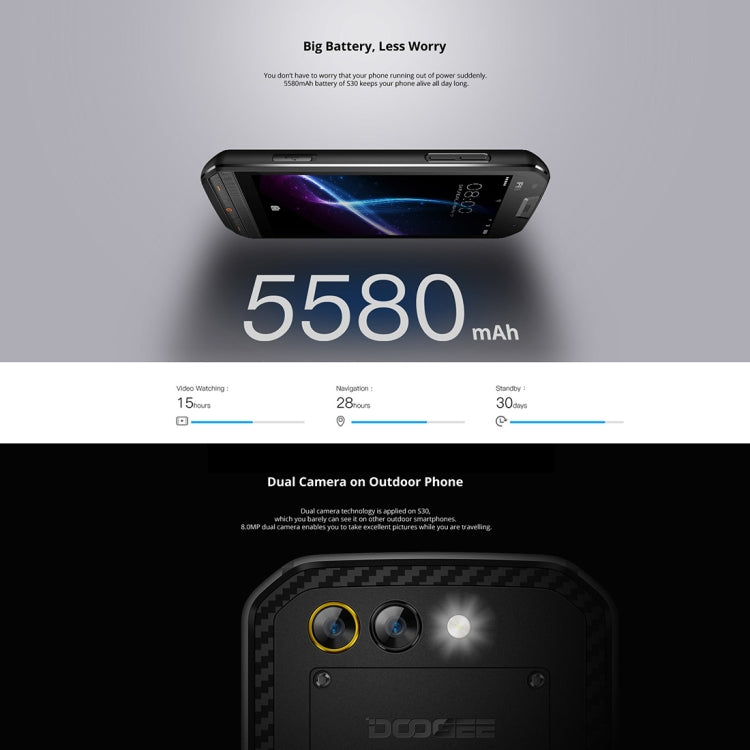 [HK Warehouse] DOOGEE S30 Triple Proofing Phone, 2GB+16GB, IP68 Waterproof Dustproof Shockproof, Fingerprint Identification, 5.0 inch Android 7.0 MTK6737V Quad Core up to 1.3GHz, Network: 4G, Dual SIM