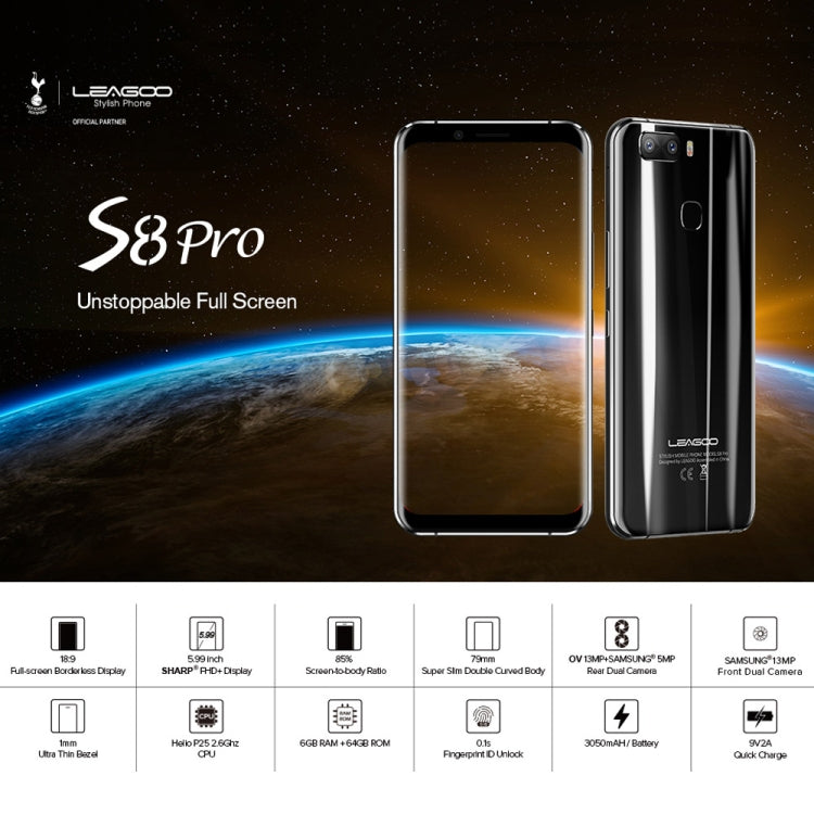 [HK Warehouse] LEAGOO S8 Pro, 6GB+64GB, Dual Back Cameras, Fingerprint Identification, 5.99 inch Dual Curved Edge LEAGOO OS 4.0 (Android 7.0) MTK Helio P25 Octa Core up to 2.6GHz, Network: 4G, Dual SIM, OTG