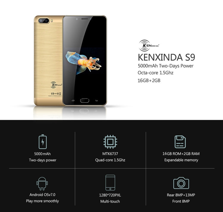 [HK Warehouse] KEN XIN DA S9, 2GB+16GB, Dual Back Cameras, Fingerprint Identification, 5000mAh Battery, 5.5 inch Android 7.0 MTK6737 Quad Core up to 1.3GHz, Network: 4G, Dual SIM