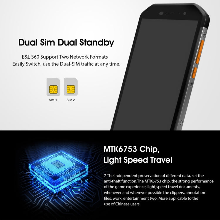 [HK Warehouse] E&L S60, 3GB+64GB, IP68 Waterproof Shockproof Dustproof, Fingerprint Identification, 5.5 inch Android 7.0 MTK6753 Octa Core up to 1.5GHz, Network: 4G, MIL-STD-810G Certification(Black)