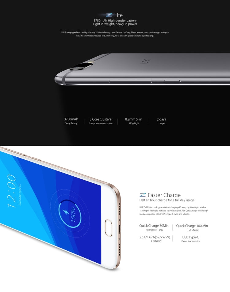 [HK Warehouse] UMI Z, 4GB+32GB, Fingerprint Identification,  5.5 inch Sharp Screen Android 6.0 MTK Helio X27 Deca Core up to 2.6GHz, Network: 4G, Dual SIM, OTG