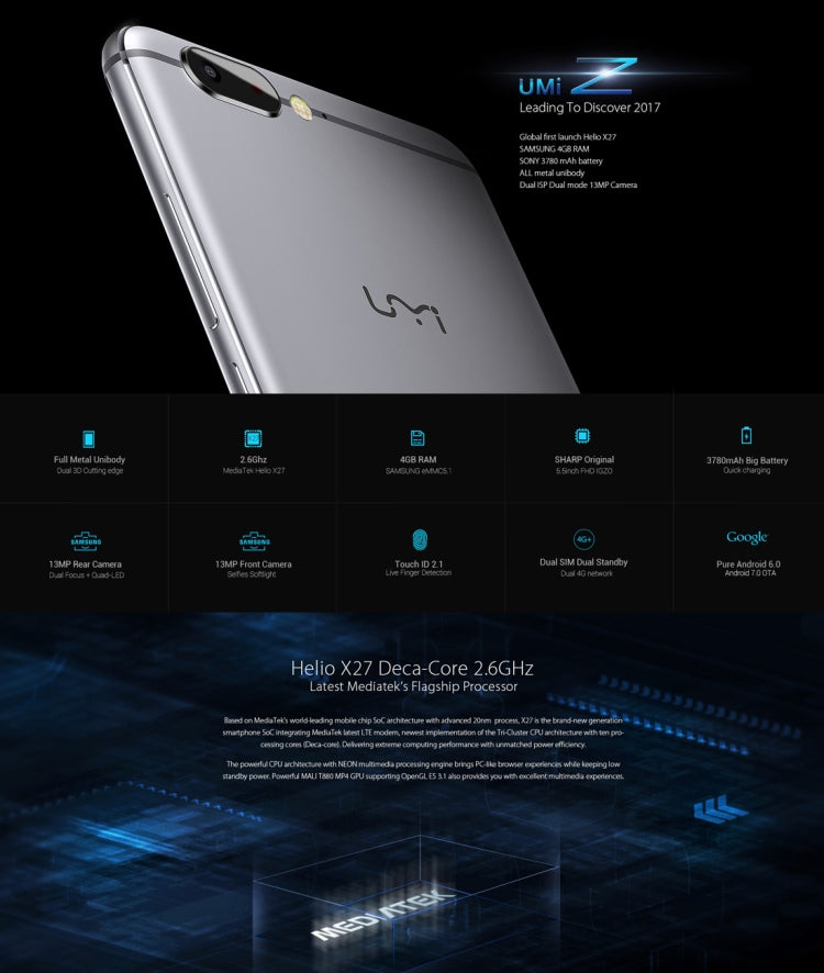 [HK Warehouse] UMI Z, 4GB+32GB, Fingerprint Identification,  5.5 inch Sharp Screen Android 6.0 MTK Helio X27 Deca Core up to 2.6GHz, Network: 4G, Dual SIM, OTG