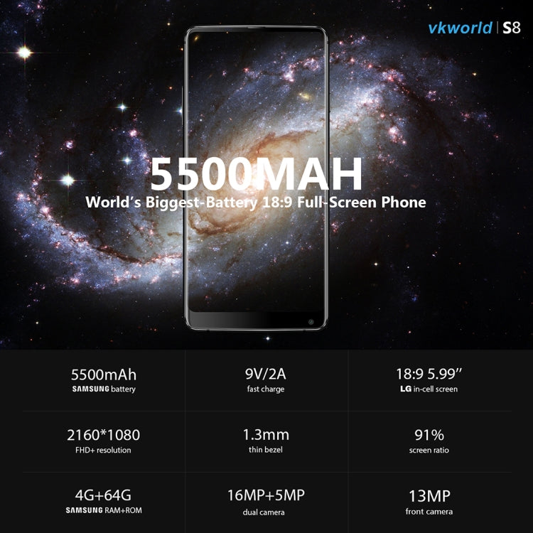 [HK Warehouse] VKworld S8, 4GB+64GB, Dual Back Cameras, Face & Fingerprint Identification, 5500mAh Battery, 5.99 inch Full Screen Android 7.0 MTK6750T Octa Core up to 1.5GHz, Network: 4G, Dual SIM
